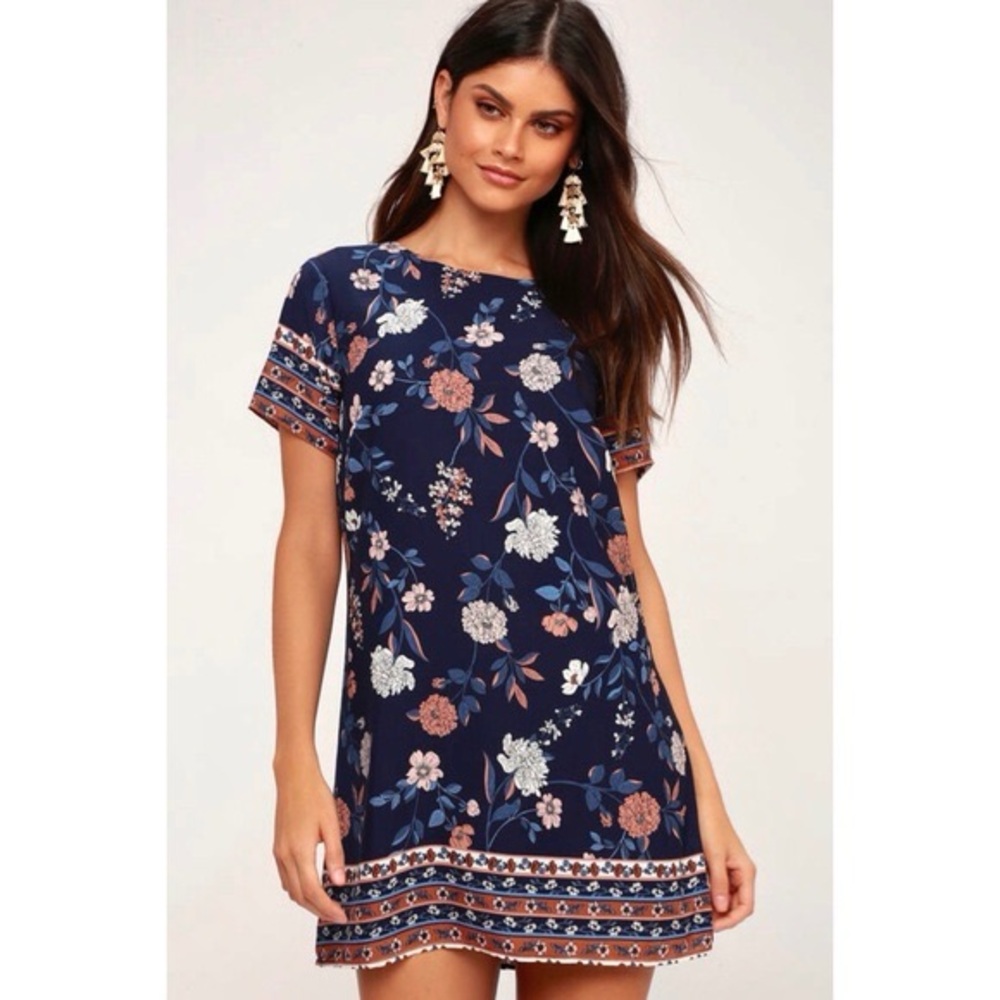 Lulu’s A-Flora-Ble Navy Blue Floral Print Shift Dress size medium